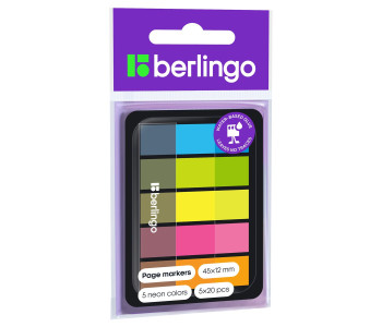 Флажки-закладки Berlingo, 45*12мм, 20л*5 неоновых цветов, в диспенсере LSz_45101
