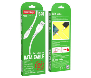 Кабель Smartbuy S40, USB - Type-C, 3A output, 1м, белый iK-3112-S40w
