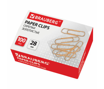 Скрепки канц 28мм, золото 100шт., карт. упак. 221529 BRAUBERG