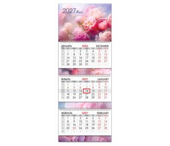 Календарь квартальный 2027г, 3 бл 3 гр, бегунок, мел.бум, BRAUBERG EXTRA, Букет пионов, 118305