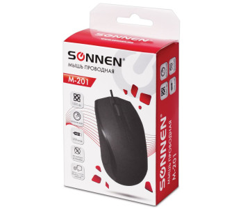 Мышь проводная SONNEN М-201, USB, 1000dpi, 2 кнопки+колесо-кнопка, оптическая, черная, 512631