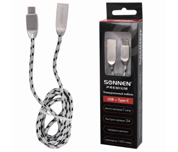 Кабель USB 2.0-Type-C, 1м, SONNEN Premium, медь, передача данных и быстрая зарядка, 513127