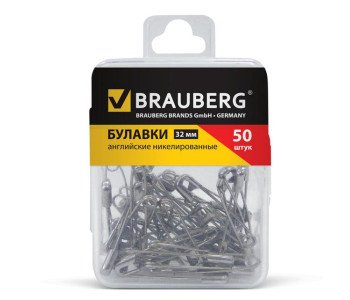 Булавка офисная английская BRAUBERG 32 мм никель, 50 шт., в пласт. коробке , 223970