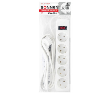 Сетевой фильтр SONNEN SPW-305, 5 розеток с заземлением, выключатель, 10 А, 3 м, белый, 513654