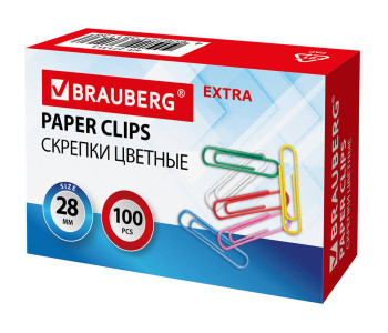 Скрепки канц 28мм, цветные 100шт., EXTRA  271313 BRAUBERG