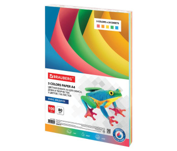 Бумага для ксер. А4, 80г/м, 100 л, (5цв.х20л), медиум, для офисной техники, 112462 BRAUBERG