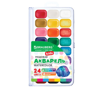 Краска аквар. 24цв (18+6пер)BRAUBERG KIDS NEW пласт.уп. 192798