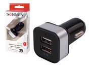 Зарядное устройство автомобильное SONNEN, 2 порта USB, выходной ток 2,1А, черное-белое, 454796