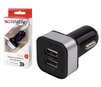 Зарядное устройство автомобильное SONNEN, 2 порта USB, выходной ток 2,1А, черное-белое, 454796