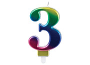 Свеча-цифра для торта "3" "Радужная", 9 см, ЗОЛОТАЯ СКАЗКА, с держателем, в блистере, 591436