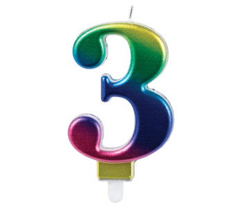 Свеча-цифра для торта "3" "Радужная", 9 см, ЗОЛОТАЯ СКАЗКА, с держателем, в блистере, 591436