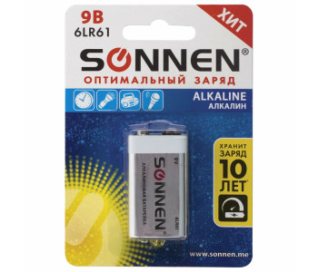 Батарейка SONNEN Alkaline, Крона (6LR61, 6LF22, 1604A), алкалиновая, 1 шт., блистер, 451092