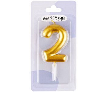 Свеча для торта с держателем MESHU "Цифра 2", 6см, золотая, блистер MS_59914