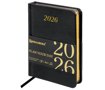 Ежедневник датир. 2026 100х150 мм, А6, BRAUBERG "Iguana", под кожу, черный, 117252