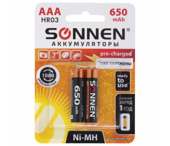 Аккумулятор ААA (HR03) 650 mAh, SONNEN, 454236 ЦЕНА ЗА ШТУКУ