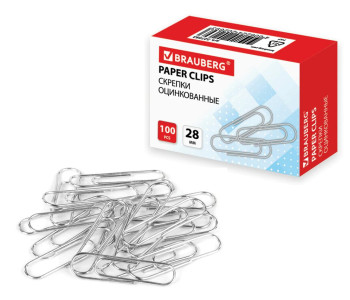 Скрепки канц 28мм, оцинков 100шт., 227583 BRAUBERG Скрепки канц 28мм, оцинков 100шт., 227583 BRAUBERG