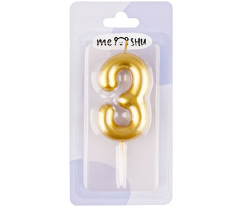 Свеча для торта с держателем MESHU "Цифра 3", 6см, золотая, блистер MS_59938