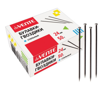 Булавка офисная гвоздики 50г 24мм карт.кор.10/250 4130700 deVente