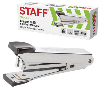 Степлер  №10 металл STAFF Manager, до 12 листов, с антистеплером, черный, 226844